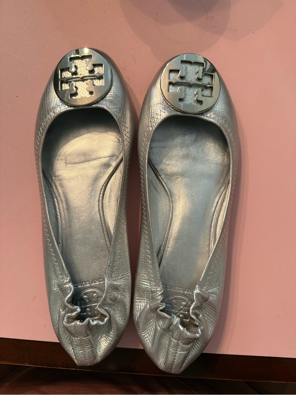 Tory Burch Metallic Silver Logo Ballet Flats